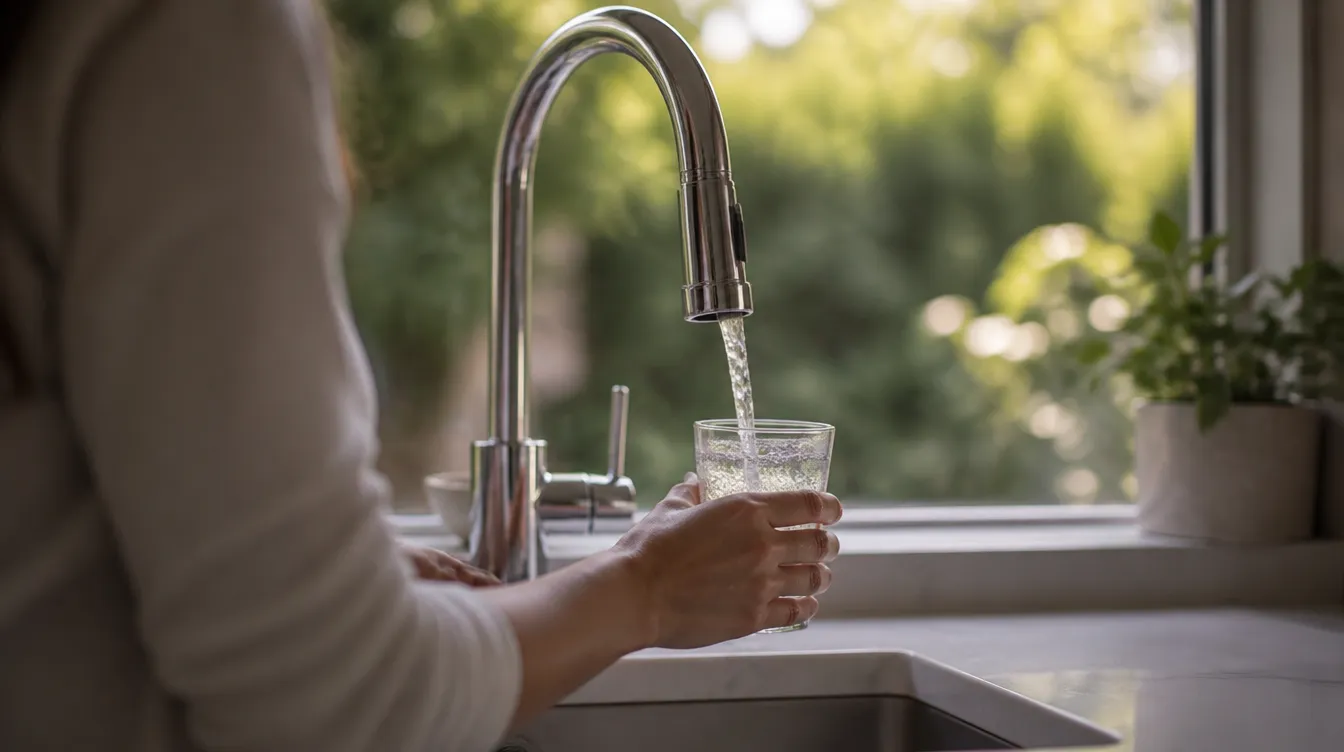 A woman filling a glass of water from her kitchen faucet