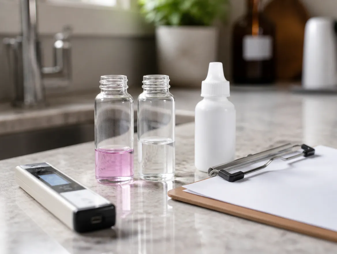 Water sample vials, a titration dropper and a handheld meter on a kitchen counter