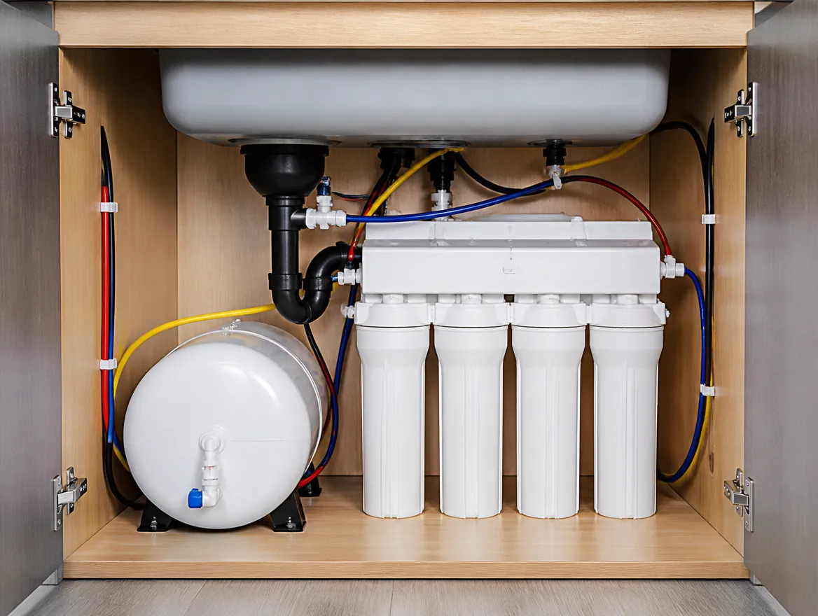An under-sink reverse osmosis system with filter housings and a storage tank inside a kitchen cabinet